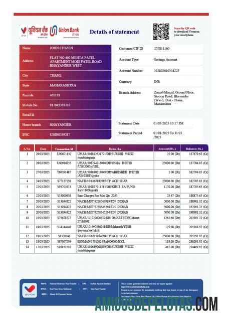 Extrato de conta do India Union Bank Of India para impressão, modelo Word e PDF, versão 3